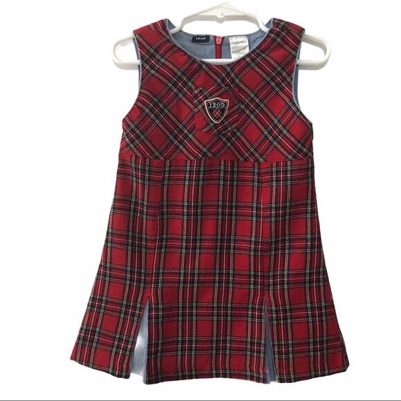 Izod Tartan Sleeveless Dress / Jumper Red Plaid Chambray Kick Pleats - 3T - Picture 1 of 9